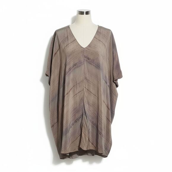 Eileen Fisher Women Small Mocha Grove Printed Silk Crepe V Neck Wedge Tunic Top - Picture 3 of 9